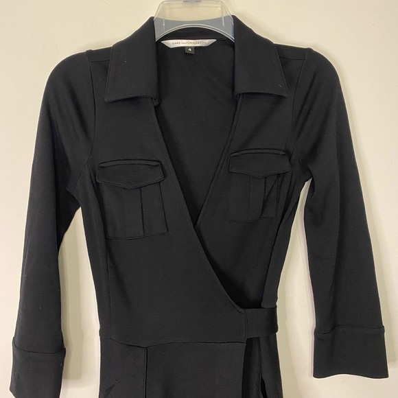 Diane Von Furstenberg Wool V Neck Wrap Black Midi Dress Size 4 Classic Office - Picture 2 of 12